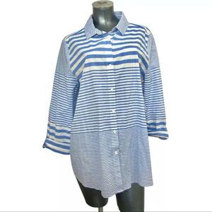 peck & peck soft blue cotton button up striped blouse long sleeve